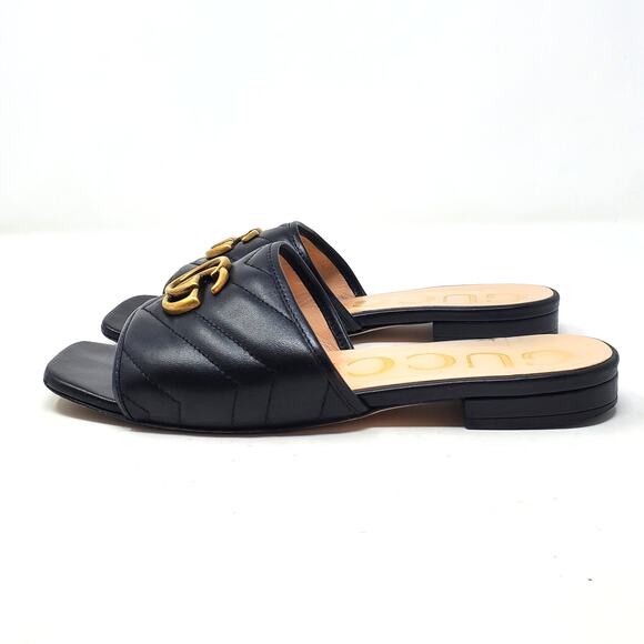 Gucci Marmont Double G Flat Sandals Quilted Black Leather 646169 Size 36.5 - Picture 4 of 10